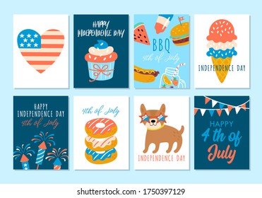 4th of July USA Independence day cute greeting card set. Childish print for cards and party invitations. Vector illustration