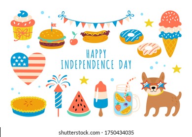 4th of July USA Independence day cute elements set. Childish print for cards, stickers and party invitations. Vector illustration