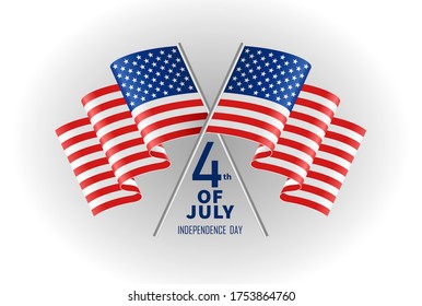 4 de julio, tarjeta de felicitación del Día de la Independencia de Estados Unidos con banderas estadounidenses y diseño de texto. 3d vector Ilustración de dos banderas ondeadas de 50 estrellas estadounidenses. Día Nacional.