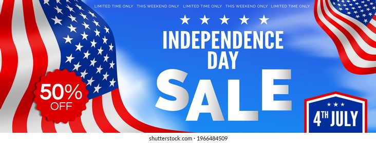 4th of july USA independence day sale special offer horizontal banner design with american flags on sky background vector illustration