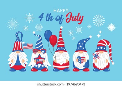 4th of July USA Independence day cute gnome character  set. Template for cards, stickers and party invitations. 