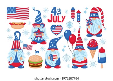 4th of July USA Independence day cute gnome character and elements set. Template for cards, stickers and party invitations. 