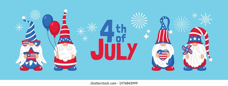 4th of July USA Independence day banner design with cute gnome character. Template for cards, posters and party invitations. 