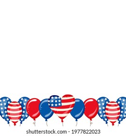 4th Of July. USA Independence Day Celebration Background With Balloons, Flag And Confetti. Festive Border Flat Lay. Vector Illustration