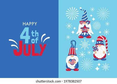 4th of july USA Independence day banner design with cute gnome character. Template for cards, posters and party invitations. 