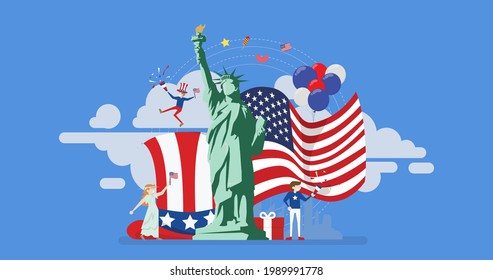 4 de julio, Día de la Independencia de Estados Unidos. Estatua de la Libertad Americana en Nueva York Bandera de Estados Unidos y Estados Unidos y globos. Ilustración plana de la interfaz de usuario Diseño para el día conmemorativo del volante de afiches