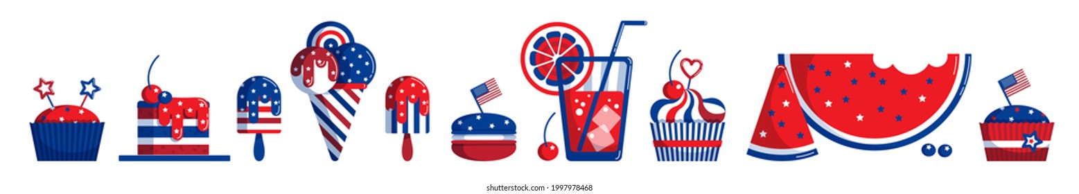 4th Of July Usa Independence Day Party Food And Drink Vector Clipart, Border Decor. Set Of Cupcakes, Ice Cream, Juice, Watermelon, Cake In White, Blue, Red Us Flag Colors, Isolated On White Background