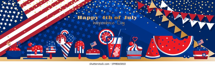 4th of July USA Independence Day vector greeting banner with US flag, diverse sweets and drinks, ice-cream, cupcake, watermelon, muffin, cheesecake, glass of juice for party invitation, cafe , events