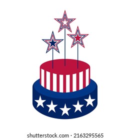 The 4th of July, USA Independence day, Celebration Cake, Red and Blue, Stars and Stripes, National flag, Freedom colors, Patriot Hearts, Hand drawn vector illustration.