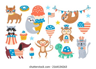 4th of july USA Independence day cute animal set. Childish print for cards, stickers and party invitations