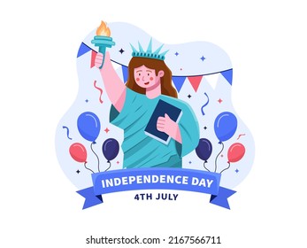 4th July USA Independence Day Illustration With Woman Wearing Statue of Liberty Costume.
American Landmark Liberty Statue Cartoon.
Can be used for greeting card, postcard, banner, web, etc.