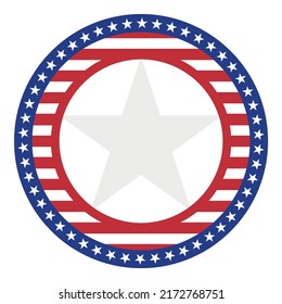 4th of July Usa independence day stamp, sticker or badge design with red stripes, 50 stars round frame and a big star in the middle.