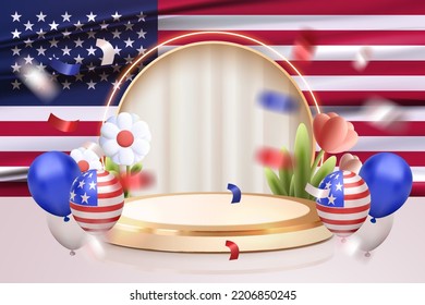 4th of July. USA independence day celebration background with realistic 3d balloons, flag and confetti.