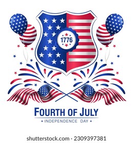 4th of July USA Independence Day badges vector, with balloons and two american flags illustration