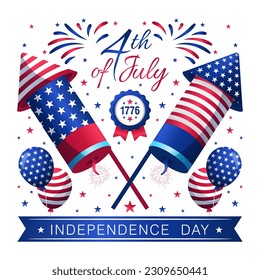 4th of July USA Independence Day badges vector, with balloons and fireworks illustration