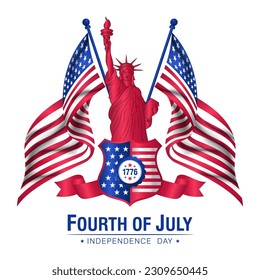 4th of July, USA Independence Day vector. Statue of Liberty with US flag and badge vector 