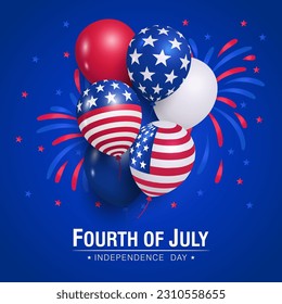 4th July Usa Independence Day Celebration banner With Balloons, Flag On A Blue vector Background