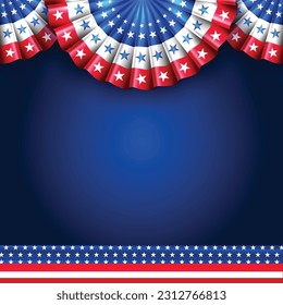 4th of July, USA Independence day blue blank, empty, copy space banner template. Paper fans in colors of the American flag with star and stripe ribbon. Vector illustration.