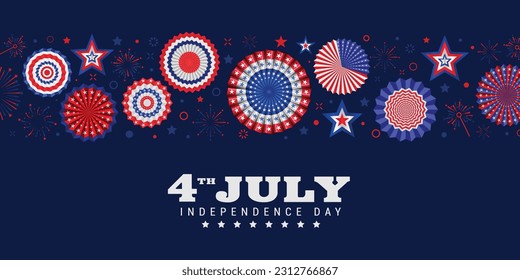 4th of July, USA Independence Day vector banner template.. Navy blue background with paper stars, paper fan in USA flag colors. Material design for greeting cards, flyer layout, and posters.