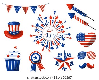 4th of July, USA Independence Day. Vector holiday frame isolated on white background. Paper stars in USA flag colors. Material design for greeting card, flyer, banner, poster.