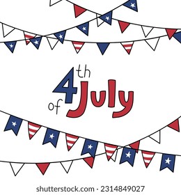 4th of July USA Independence Day. Vector Greeting card. United States of America flag colors. Illustration of decorative hand drawn elements and lettering.