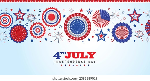 4th of July, USA Independence Day vector banner template. sky blue background with paper stars, paper fan in USA flag colors. Material design for greeting cards, flyer layout, poster.