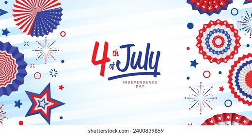 4. Juli, USA Independence Day Vektorbanner-Vorlage. hellblauer Hintergrund mit Papierstern und einem Papierfächer in den Flaggenfarben der USA. Material-Design für Grußkarten, Flyer-Layout und Poster.