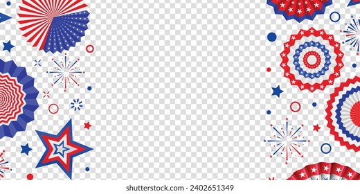 4th of July, USA Independence Day vector banner template. Transparent background with paper stars, and paper fan in USA flag colors. Material design for greeting cards, flyer layout, and posters.