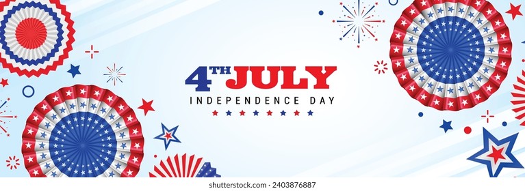 4th of July, USA Independence Day vector banner template. sky blue background with paper stars, a paper fan in USA flag colors. Material design for greeting cards, flyer layout, and posters.