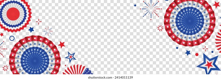 4 de julio, planilla de banner vectorial del Día de la Independencia de Estados Unidos. Fondo transparente con estrellas de papel y ventilador de papel en los colores de la bandera de Estados Unidos. Diseño de material para tarjetas de felicitación, diseño de volante y carteles.