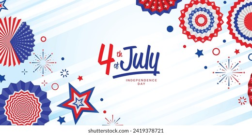 4th of July, USA Independence Day vector banner template. sky blue background with paper stars, paper fan in USA flag colors. Material design for greeting cards, flyer layouts, and posters.