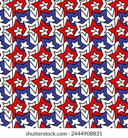 4th of July, USA Independence Day, stars in the national colors of the USA flag on a white background, layered in a line, dynamic seamless pattern