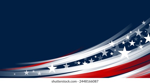 4 de julio USA día de la independencia diseño de Anuncio de estrellas y curva de línea sobre fondo azul con copia espacio Ilustración vectorial