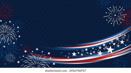 4th of july USA independence day banner design of stars and line curve with fireworks on blue background with copy space vector illustration