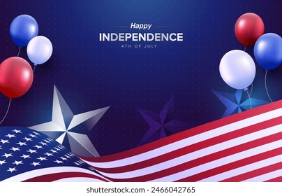 4th of July USA Independence Day design background with American flag and balloons. Holiday banners, posters, cards, flyers template. Vector illustration.