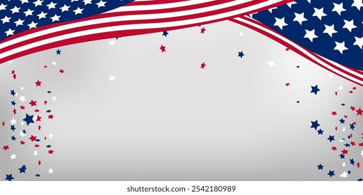 4 de julio USA Día de la Independencia Memorial Day Fondo plateado Copiar espacio Ilustración vectorial Estrellas y rayas Confeti caído Estados Unidos de América Plantilla patriótica