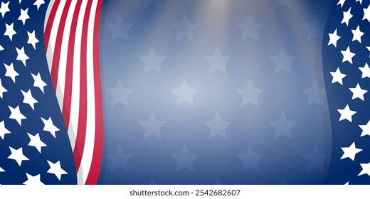 4 de julio Día de la Independencia de los Estados Unidos Memorial Day Fondo azul con estrellas Copiar espacio Ilustración vectorial Estrellas y rayas Estados Unidos de América Plantilla patriótica La luz cae hacia abajo