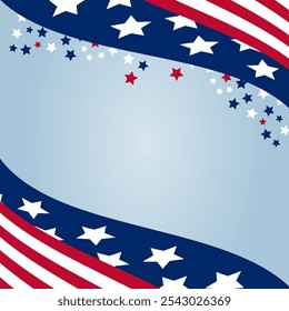 4 de julio USA Día de la Independencia Memorial Day Fondo plateado Espacio de copia Ilustración vectorial Estrellas y rayas Confeti caído Estados Unidos de América Plantilla patriótica Diseño cuadrado