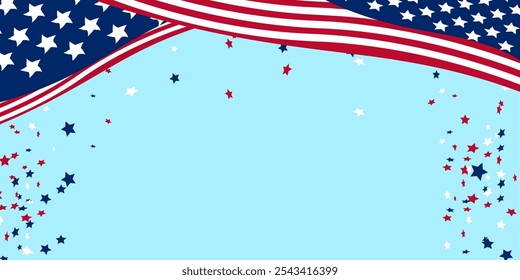 4 de julio USA Día de la Independencia Memorial Day Fondo azul celeste Copiar espacio Ilustración vectorial Estrellas y rayas Confeti caído Estados Unidos de América Plantilla patriótica