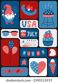 4th of July. USA Independence Day. Geometric pattern background with American flag, symbols on color grid blocks. Template for banner, card, poster. Vector flat illustration.