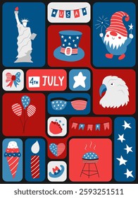 4th of July. USA Independence Day. Geometric pattern background with American flag, symbols on color grid blocks. Template for banner, card, poster. Vector flat illustration.