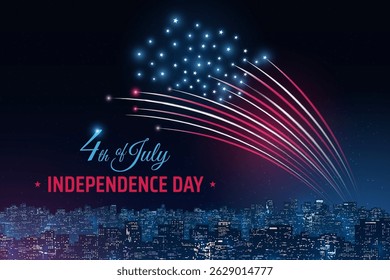 4th of july usa independence day. US flag fireworks over cityscape. Happy fourth of july, independence day. American national holiday. Colorful fireworks on dark sky background. Greeting card. Vector