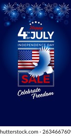 4th of July USA Independence Day Sale vertical background with flying eagle and Celebrate Freedom text - Great for social media story, post, mobile ad, vertical banner, poster - vector illustration
