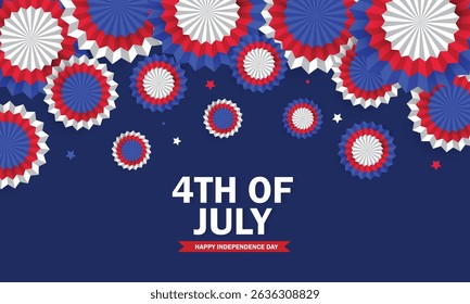 4th of July, USA Independence Day banner. Paper fans in colors of American flag and stars