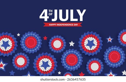 4th of July, USA Independence Day background. Paper fans in colors of American flag and stars