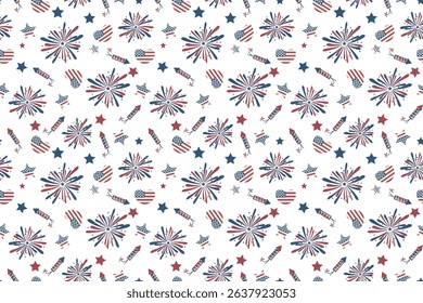 4th of July USA Independence Day doodle seamless pattern. Transparent background America flag hearts fireworks stars rockets Blue, red white colors. 14th of July Happy Wrapping paper 