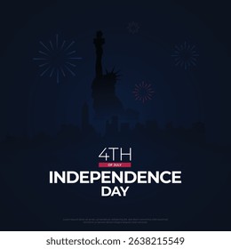 4th of July USA independence day banner template with firework and USA cityscape, Statue of Liberty, on a navy blue Gradient background. Vector illustration.