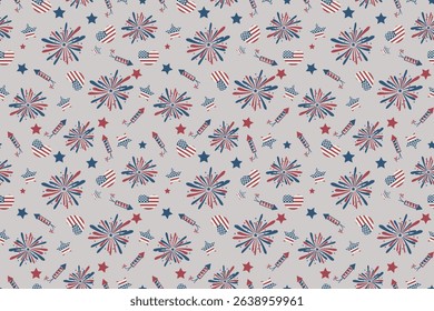 4th of July USA Independence Day doodle seamless pattern. Gray background America flag hearts fireworks stars rockets Blue, red white colors. 14th of July Happy Wrapping paper 