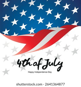 4th of July USA Independence Day label sticker banner card. Handwritten USA color shaped abstract bird symbol typography calligraphy lettering with stars on blue white background