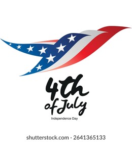 4th of July USA Independence Day label sticker banner card. Handwritten USA color shaped abstract bird symbol typography calligraphy lettering with stars on white background